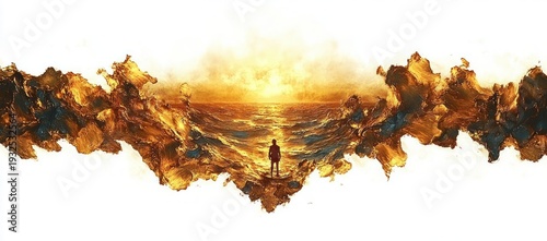 Solitary figure standing on a rocky shore facing a glowing golden sea at sunset with textured abstract waves, evoking awe and quiet contemplation