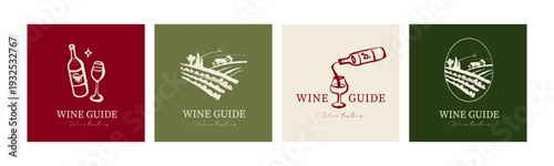 Wine sketch logo set in crayon hand drawn graphic style. Retro drawing. Menu design, winery sign, vineyard emblem, alcohol bar symbol. Vector illustration