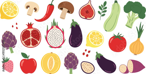 Colorful Fresh Fruit and Vegetable Collection Featuring Pomegranate Avocado Tomato Broccoli and Dragon Fruit for Healthy Organic Food Diet Grocery Market and Vegan Cooking Design