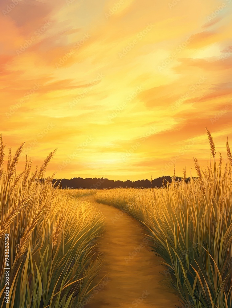Fototapeta premium A serene path through golden wheat fields under a vibrant sunset sky