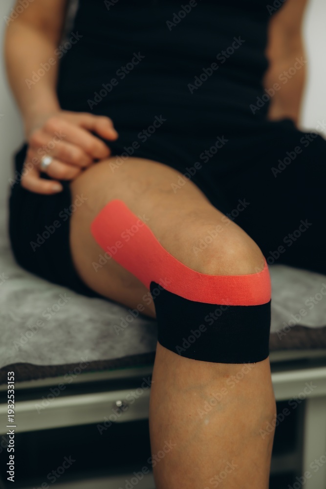 Obraz premium Woman applying kinesiology tape for knee pain support