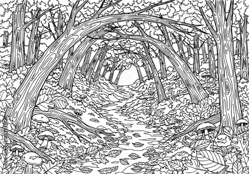 Whimsical forest path with twisted trees and vibrant foliage