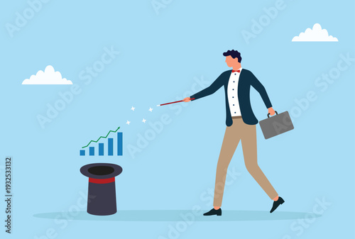 Vector illustration of a businessman performing a magic trick pulling a rising graph bar from a hat symbolizing business growth and success
