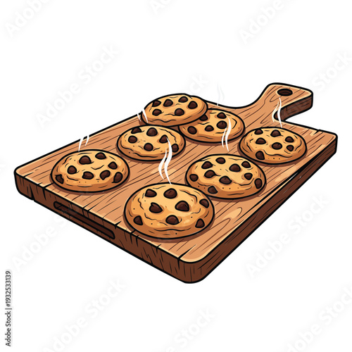 Freshly baked chocolate chip cookies on a wooden board with wisps of steam rising