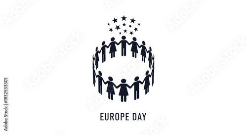 Europe Day concept: diverse people holding hands in circle under EU stars
