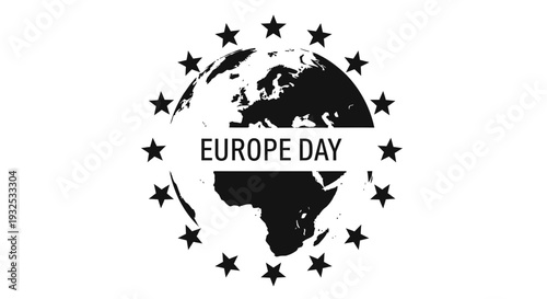 Europe Day Globe with Stars Emblem, European Union Symbol, Black and White