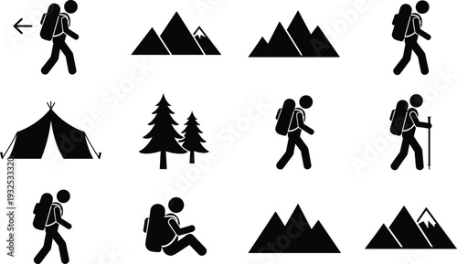 Black silhouettes of hikers trekking with backpacks mountain ranges camping tents and pine forest trees isolated on white background for outdoor adventure and travel.