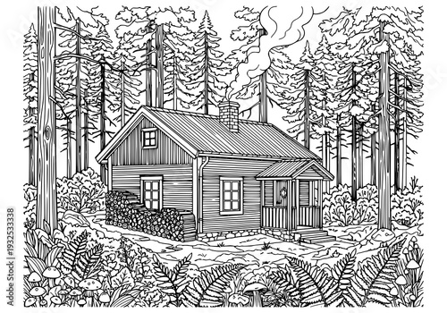 Cozy cabin nestled among tall trees in serene forest setting