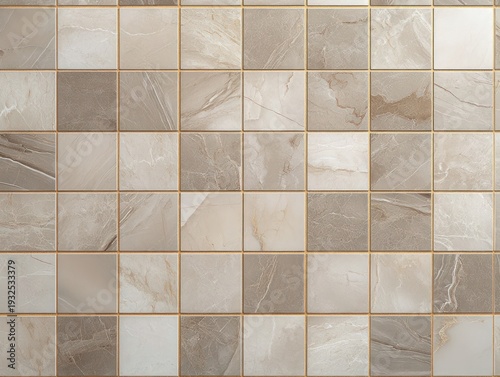 beige and gray marble square tiles with gold grout forming an elegant, calm mosaic grid