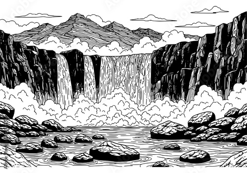 Dramatic black and white waterfall cascading down rugged cliffs