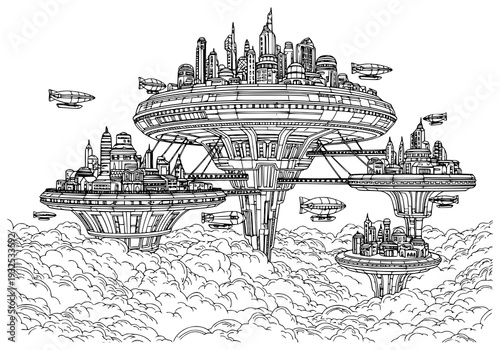 Futuristic cityscape with flying city platforms and airships soaring through clouds