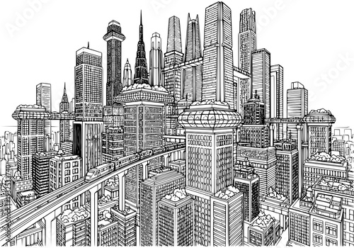 Modern cityscape with sleek skyscrapers and elevated train