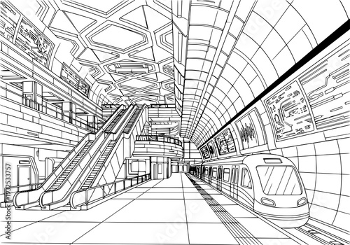 Modern subway station with sleek train and escalators