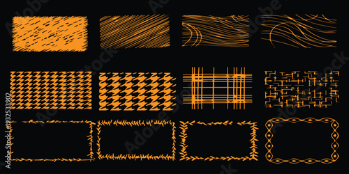 Collection of abstract digital patterns and textures with orange and black hues