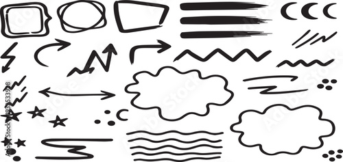 Collection of hand drawn black and white illustration elements