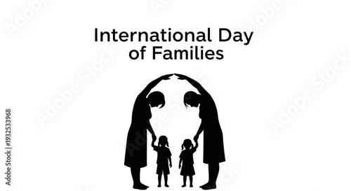 International Day of Families Illustration: Silhouette of two parents forming a heart shape over two children