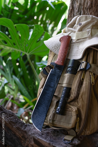 A machete knife and a hiking backpack rest on a log.