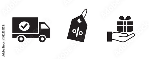 E-commerce shopping and shipping icon set. Vector symbols for free delivery, discount price tag, and loyalty gift reward. Black UI glyphs.