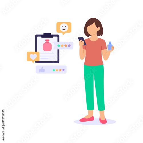 Perfume Feedback, Collecting customer reviews about fragrance experience, Flat vector character illustration