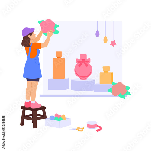 Window Decoration, Designing attractive storefront fragrance display, Flat vector character illustration