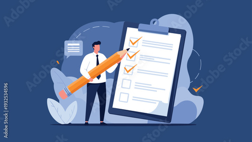 Motivated businessman uses a giant yellow pencil to mark completed tasks on a large clipboard checklist.