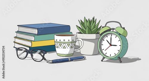 Still life composition featuring books, glasses, a mug, clock, and plant.