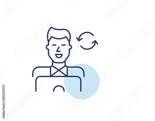 Man working at laptop and renew arrows. Digital workflow renewal, business cycle, productivity rotation. Pixel perfect, editable stroke vector icon