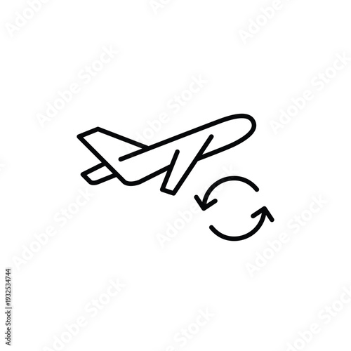 Airplane taking off and renew arrows. Flight schedule update, new time. Pixel perfect, editable stroke vector icon