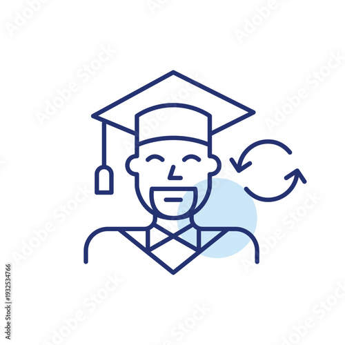 Smiling happy graduate in mortar board and renew symbol. Diploma refresh, academic cycle. Pixel perfect, editable stroke vector icon
