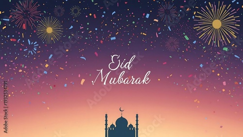 Eid Mubarak celebration background with fireworks above a mosque silhouette during sunset creating a joyful festive atmosphere.
