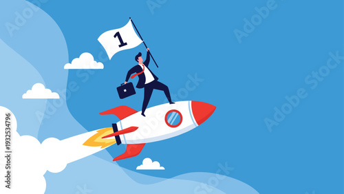 Ambitious businessman rides on a fast-moving rocket while holding a white flag marked with the number one.