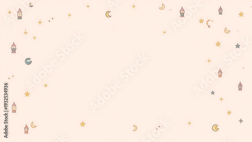 Elegant Ramadan frame made of small crescent moons, stars, and lantern decorations forming a festive border on a soft background.