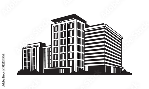 Modern office building complex silhouette. Corporate headquarters and real estate development architecture. Black and white vector illustration.
