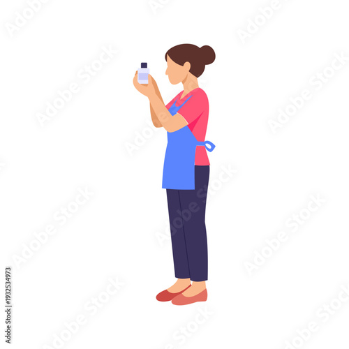 Checking Perfume Quality, Inspecting fragrance scent and bottle condition carefully, Flat vector character illustration