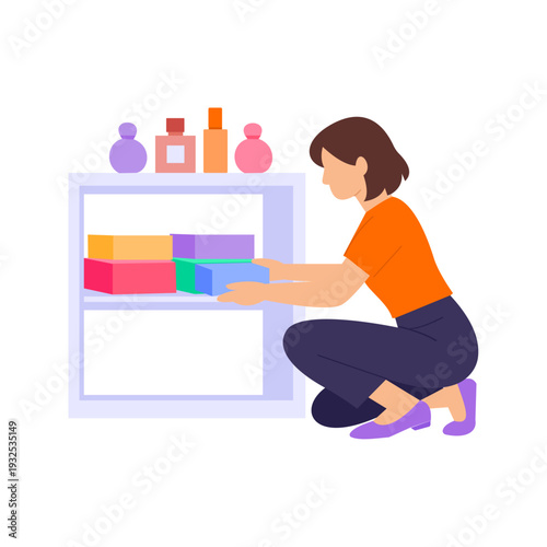 Organizing Perfume Storage, Arranging fragrance bottles neatly in storage area, Flat vector character illustration