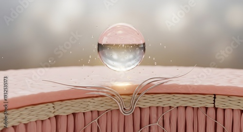 Macro 3D illustration of active serum droplet penetrating deep human skin layers for rejuvenation