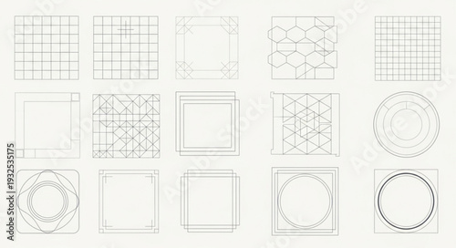 Geometric patterns and designs, a collection of various shapes and forms.