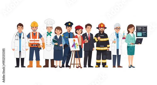 Diverse group of professionals representing various occupations and careers.