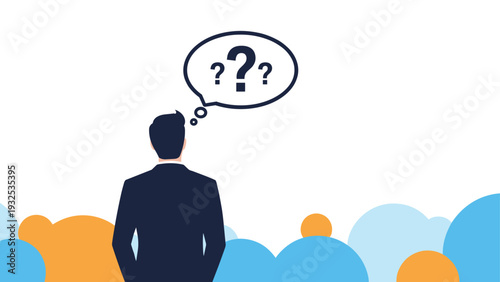 Businessman seen from behind looks toward the horizon while a speech bubble with question marks floats above.