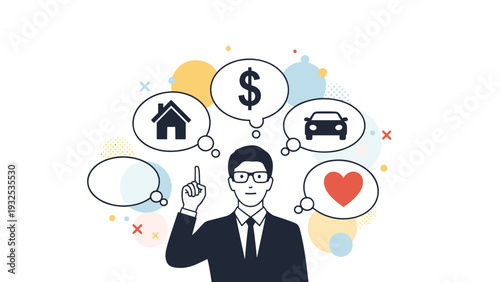 Businessman points upward while several thought bubbles containing a house, money, car, and heart float above.