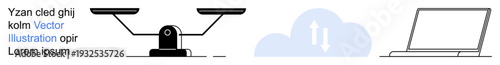 Data privacy, cloud storage, digital balance, technology, file sharing, online connection. A set of icons including scales, cloud with arrows and a laptop. Data privacy and cloud storage