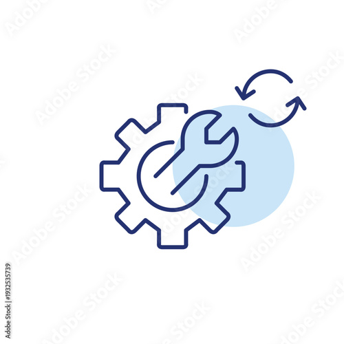 Wrench in cogwheel and renew arrows. Maintenance update, repair refresh. Pixel perfect, editable stroke vector icon