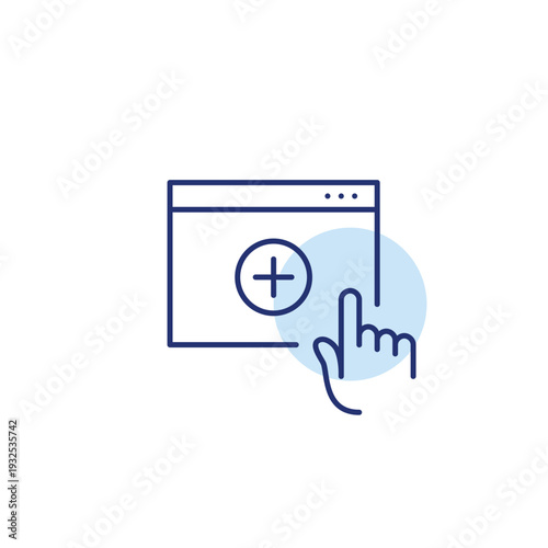 New task, screen add, app install, workspace update. Plus on web page and finger click. Pixel perfect, editable stroke vector icon