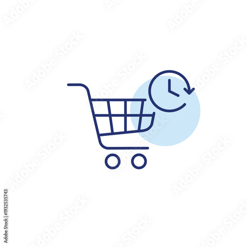 Shopping cart and clock. Timed promotions, scheduled payments, shopping checkout deadlines. Pixel perfect, editable stroke vector icon
