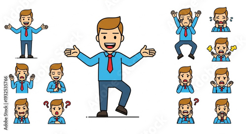 Cartoon businessman with various facial expressions and body language poses.