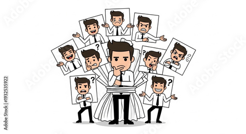 Man surrounded by pictures of himself, contemplating a decision with many options.