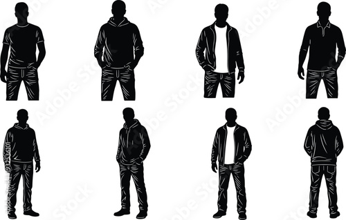 Silhouettes of men in casual clothing, vector illustration showing diverse outfits with t‑shirts, hoodies, jackets, jeans, upright standing poses