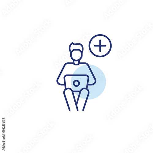 Remote work task created. Man working at laptop at home and plus. Pixel perfect, editable stroke vector icon