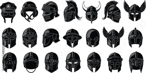 Set of black helmet silhouettes featuring ancient spartan viking medieval knight roman gladiator and fantasy warrior headgear icons for gaming historical warfare and protective armor design.