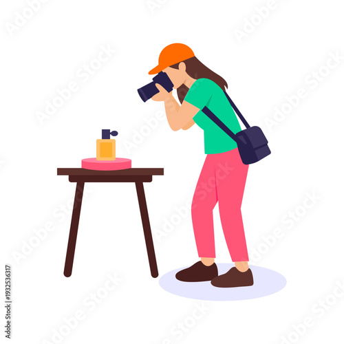Photographing Perfume, Capturing high quality images for product marketing, Flat vector character illustration